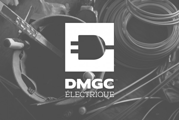 dmgc electrique's logo over image of electrician's tools and wires, black and white image, simple, logo in white, logo design, branding