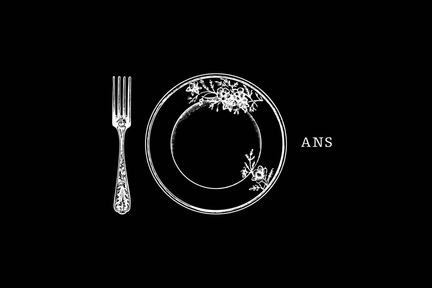 grandir sans frontieres degustation gourmande event logo, black and white, gourmet, fork and plate, 10 years logo, print design