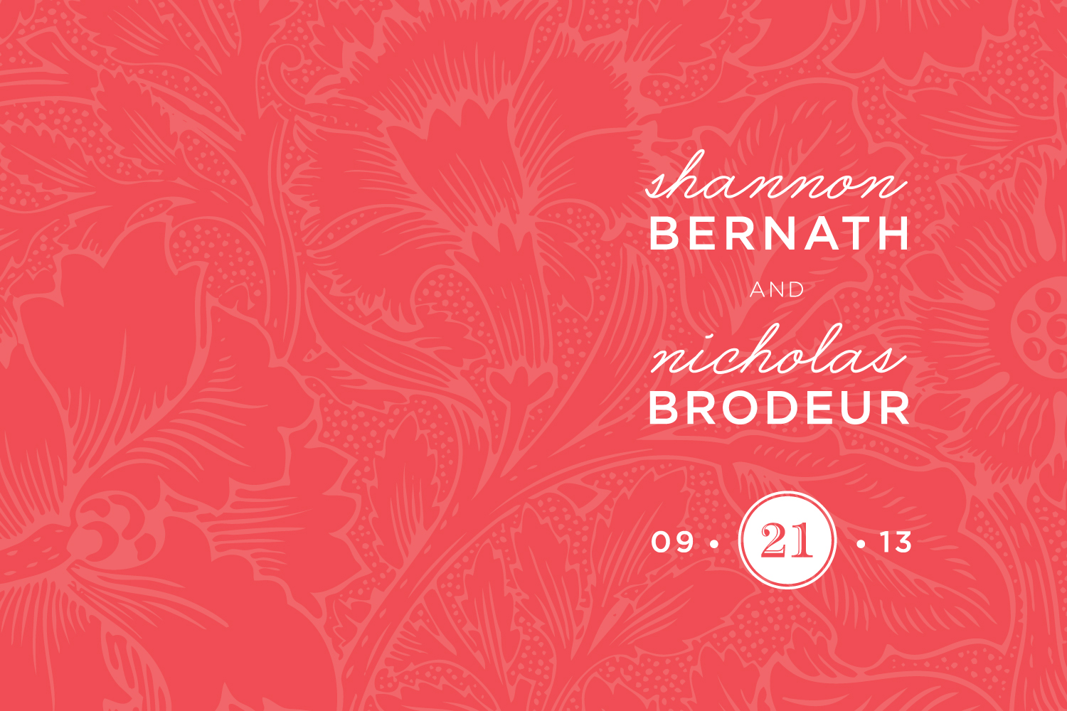 wedding invitation design for bernath/brodeur wedding, bright coral with subtle floral background pattern, wedding date logo, handwriting font, print design