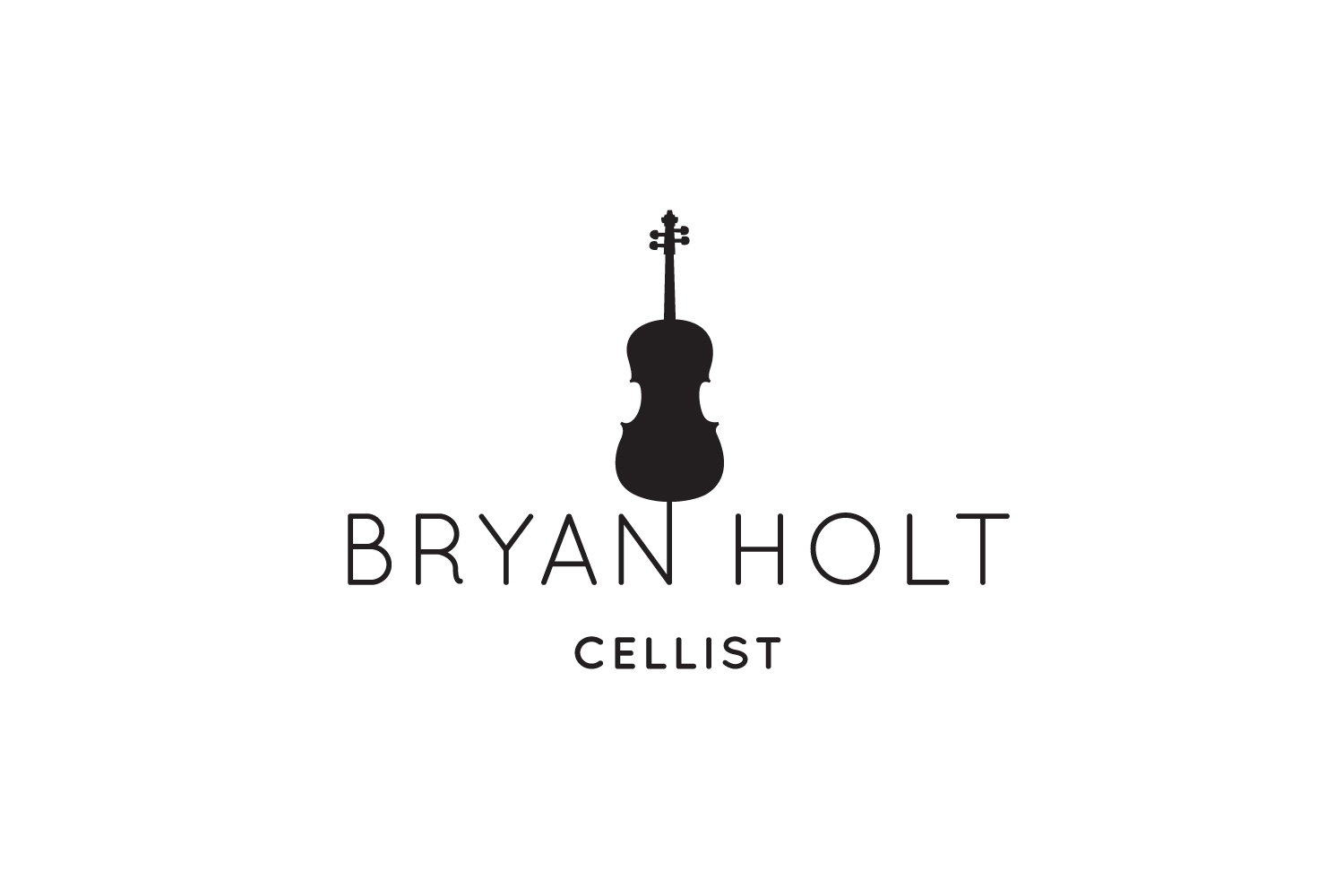 bryan holt's logo design, white background with black logo, cello above name, simple, cellist, branding