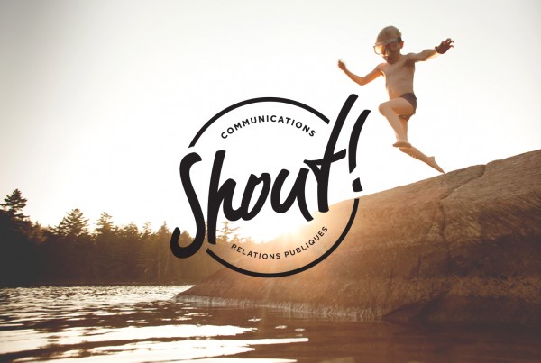 shout communications logo design over image of kid jumping in lake, circle logomark, handwriting font, casual, branding, public relations agency